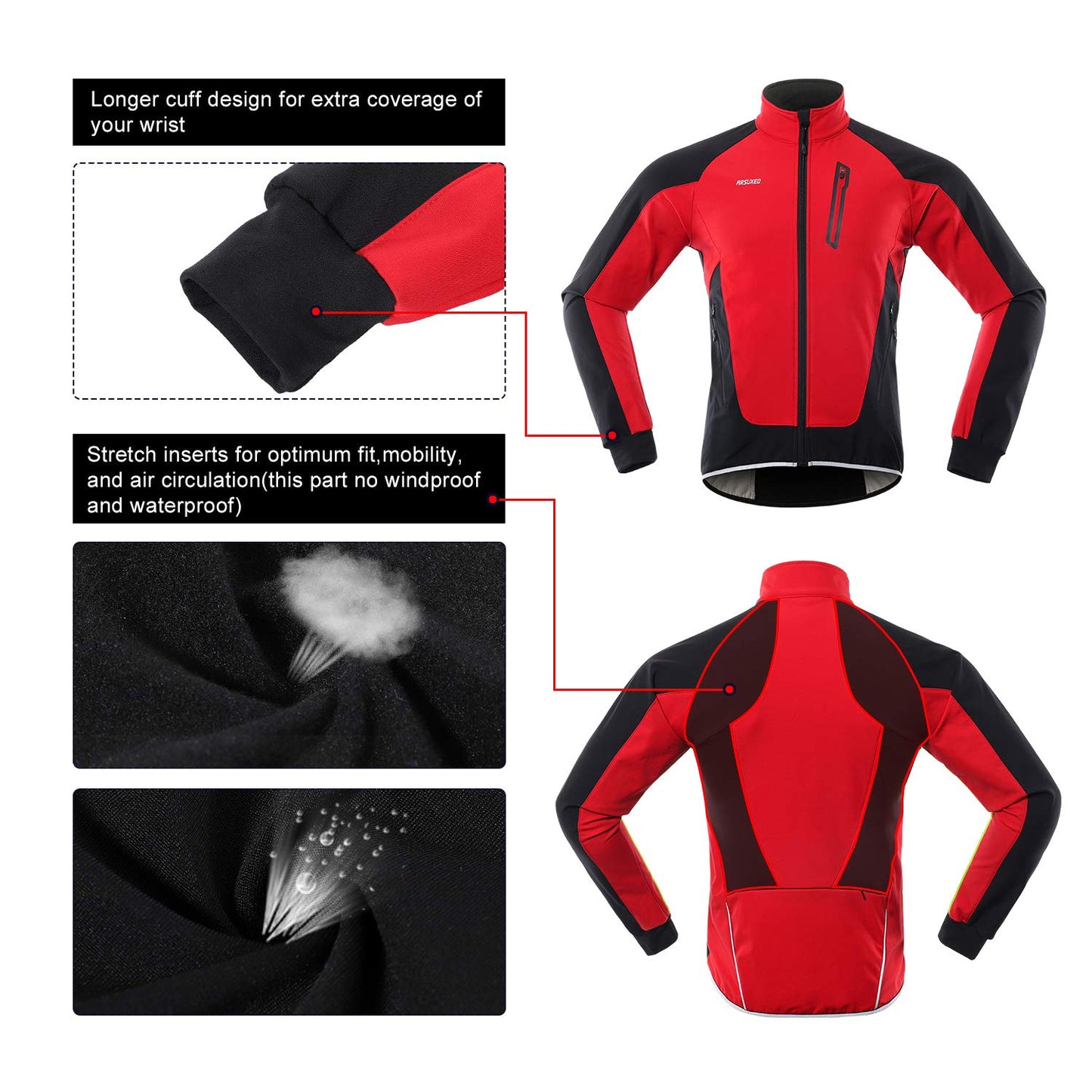 ARSUXEO Men's Cycling Jacket Winter Thermal Fleece Softshell MTB Bike Outwear 20B Red M