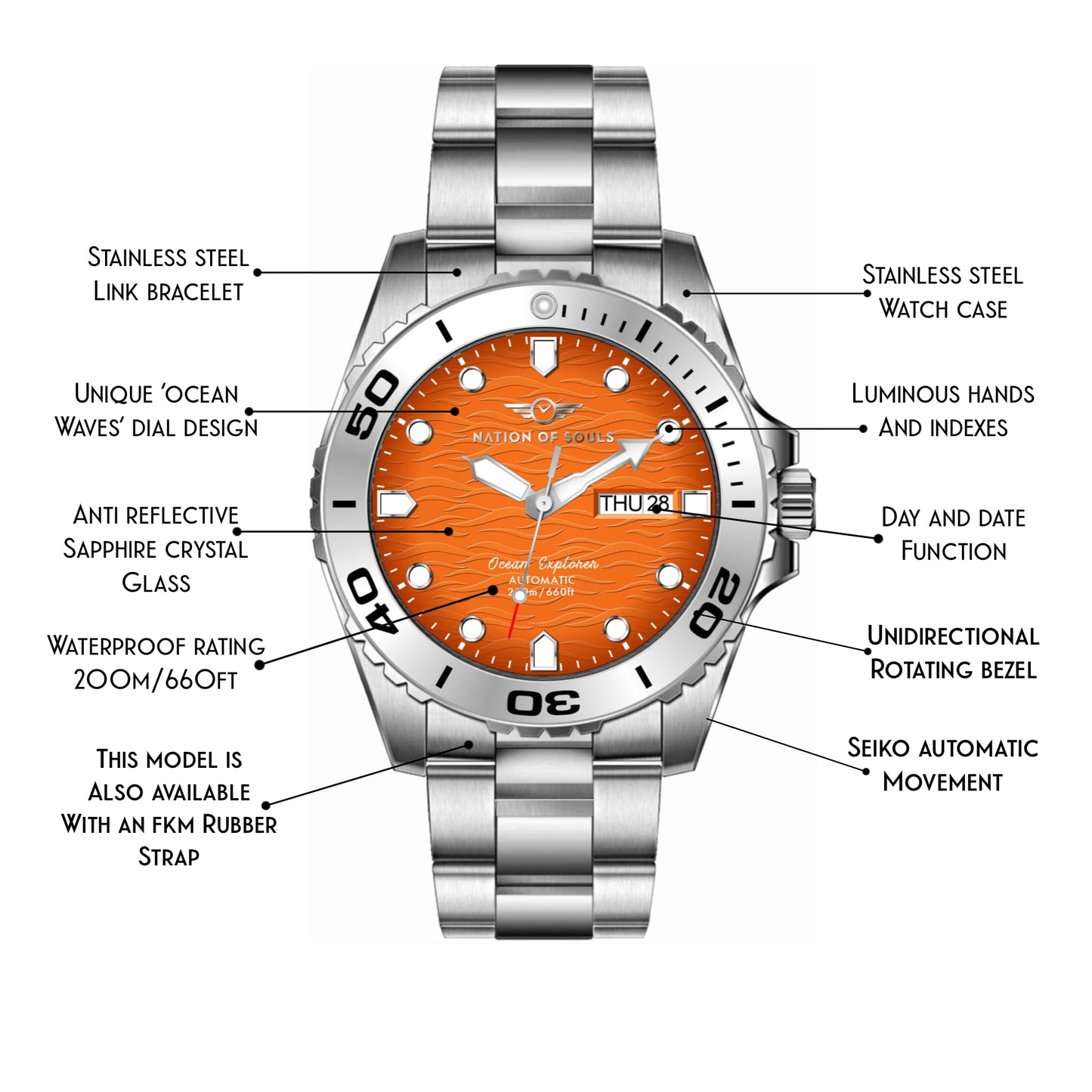 - Nation of Souls Silver and Orange Ocean Explorer | Men's Automatic Analogue Watch -