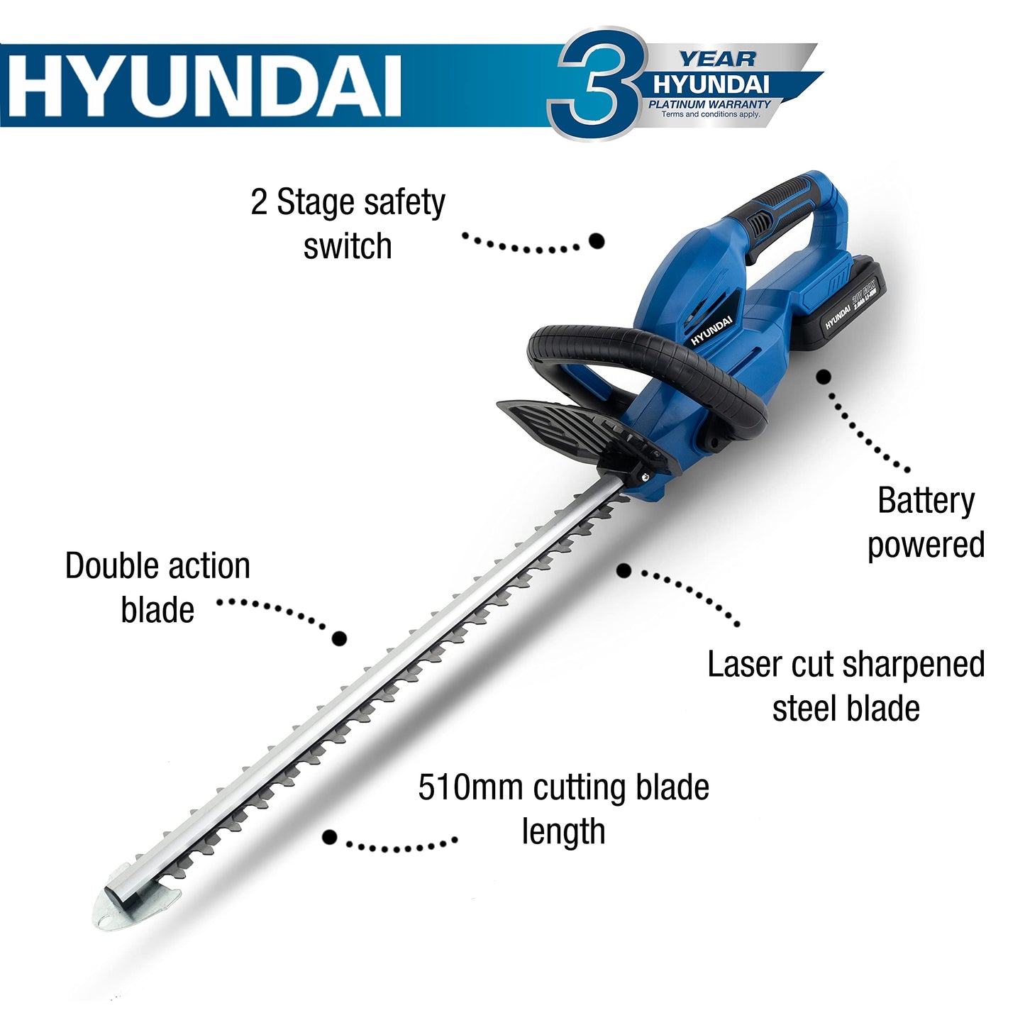 - Hyundai 20v Li-ion Cordless Hedge Trimmer/Hedge Cutter | Battery & Charger 510mm / 20” Cutting Blade | Lightweight Design | Low Maintenance -