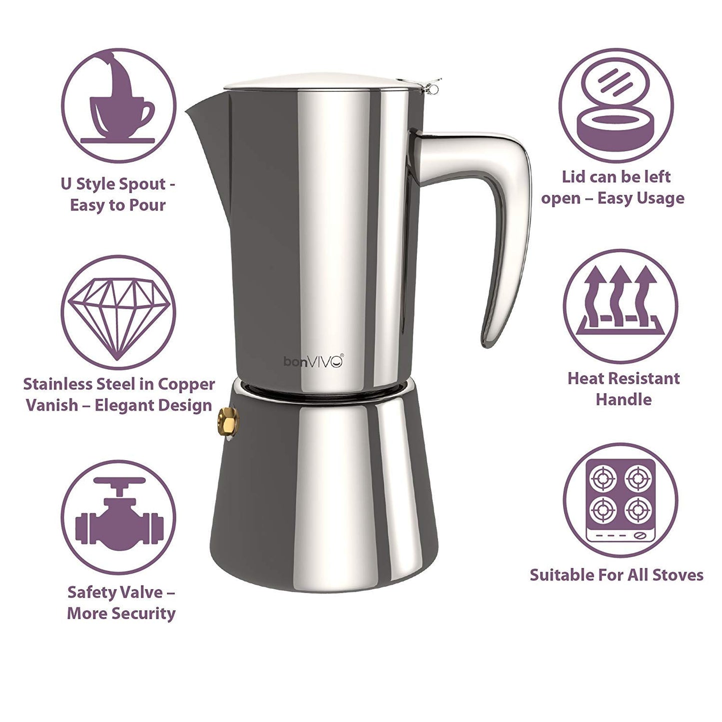 bonVIVO Moka Pot - Intenca, 300ml, Stainless Steel Espresso Maker w/Silver Chrome Finish - Stove Top Italian Coffee Maker - 6 Cup Coffee Pot - Gifts for Men and Women
