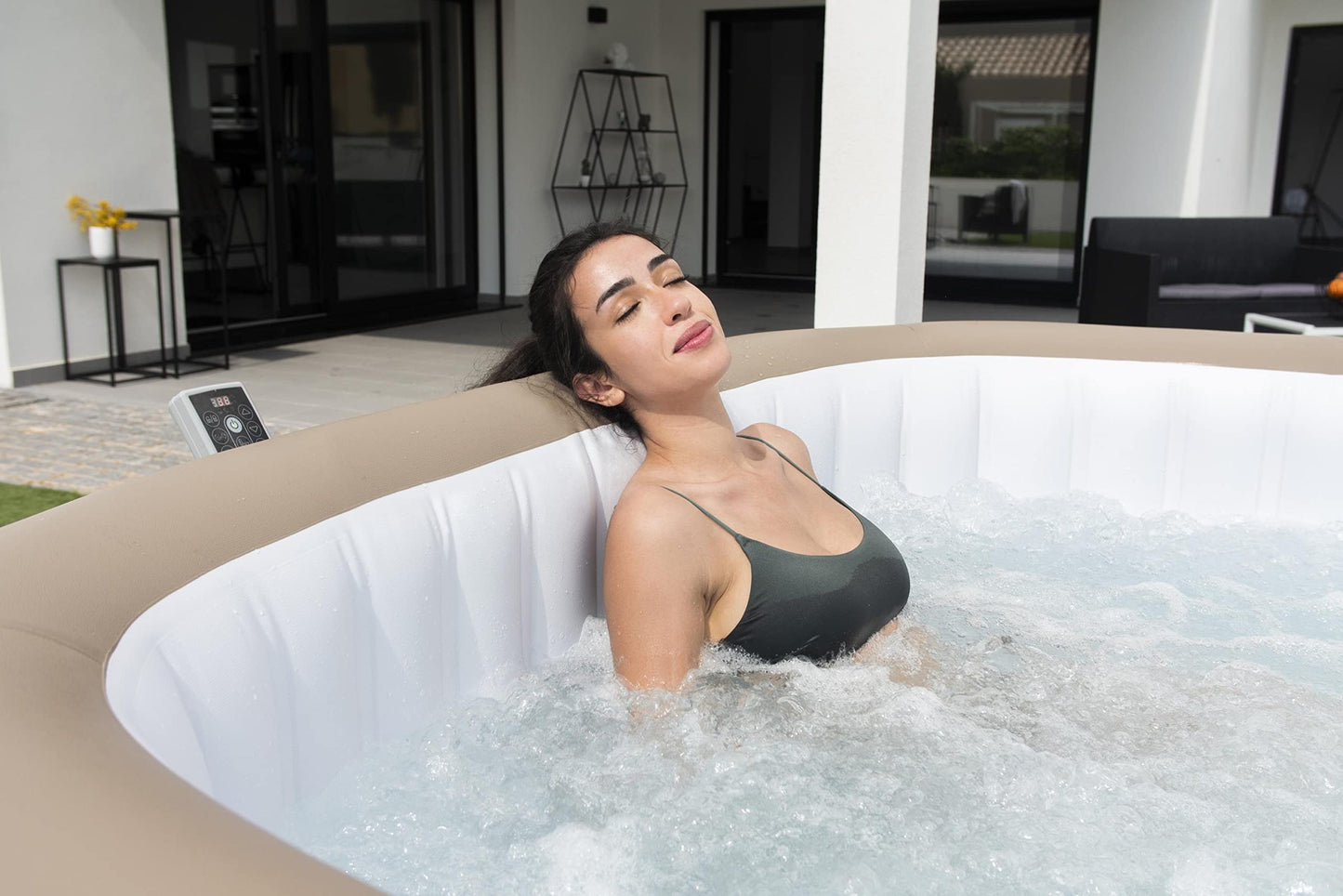 - Lay-Z-Spa Palma Luxury Hot Tub | 8 HydroJet Pro Massage System | Inflatable Spa | LED Lights | Built-In Seats | Foot Massager | Freeze Shield Technology | 5-7 Person -