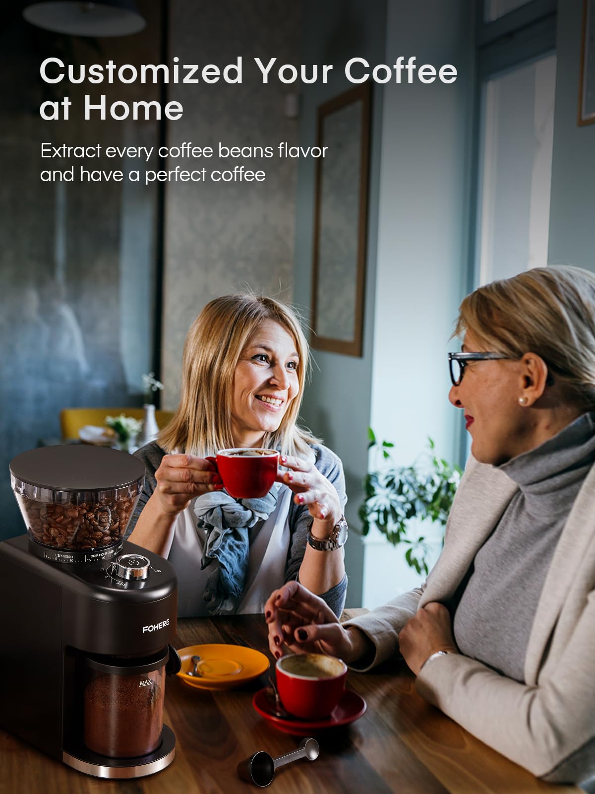 - FOHERE Anti-static Conical Burr Coffee Grinder | Adjustable Burr Mill with 35 Precise Grind Setting | Espresso, Drip Coffee, French Press, Black -