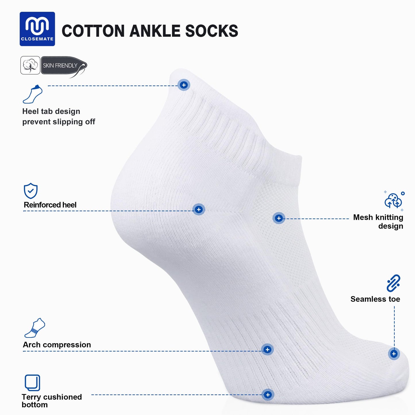 Closemate 7 Pairs Ankle Trainer Socks Cushioned Sports Socks for Men Non-slip Tab Cotton Breathable Low Cut Athletic Running Socks (7White, Size L)