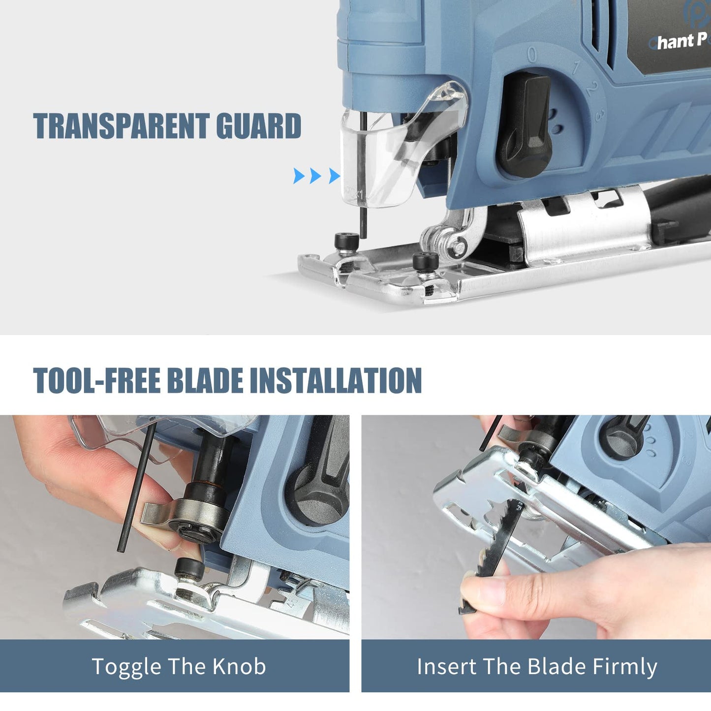 C P CHANTPOWER Jigsaw Tool, 600W 800-3000 SPM Jig Saw with 6 Variable Speed, 4 Orbital Sets, 6 T-Shank Saw Blades, Scale Ruler, ±45°Bevel Cutting Angle