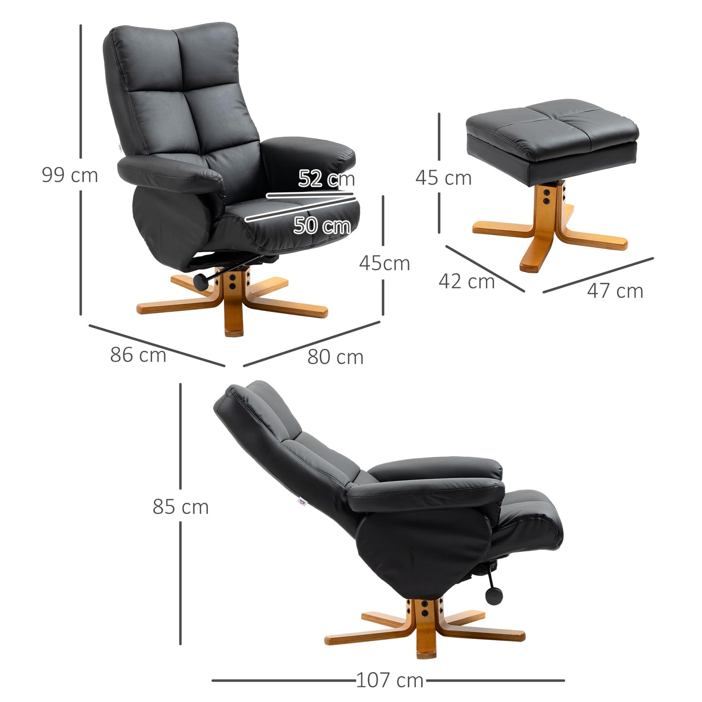 - HOMCOM Faux Leather Swivel Recliner Chair | Footstool | Wooden Base -