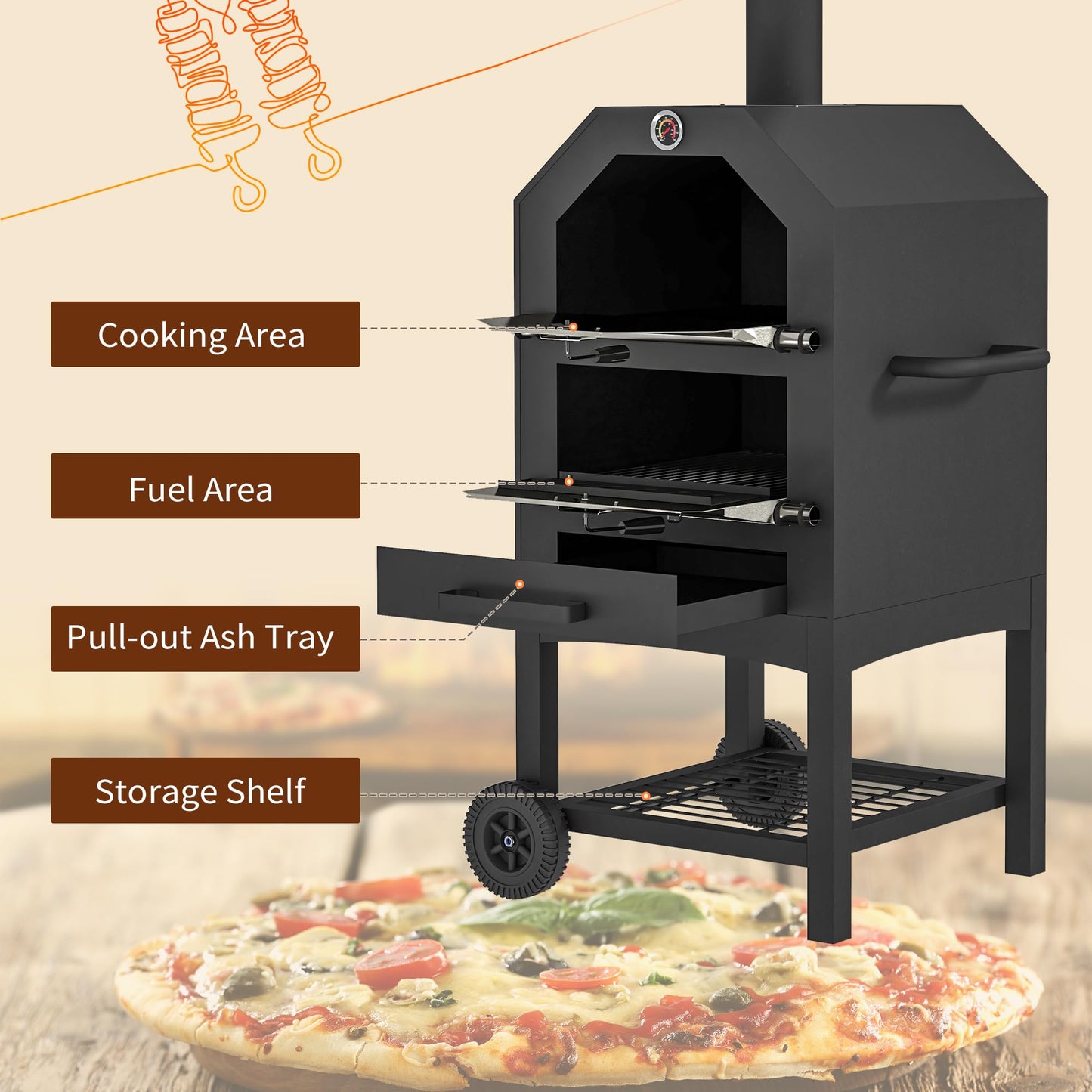 - Outsunny 2-in-1 Outdoor Pizza Oven | 3-Tier Freestanding BBQ Grill | Rain Cover -
