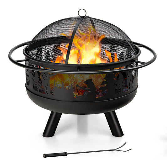 COSTWAY 77cm Large Fire Pit Bowl, 2 in 1 Wood Burning Firepit Brazier with Cooking Grill, Spark Guard and Fire Poker, Round Metal Log Heater Burner for Outdoor BBQ Camping Party