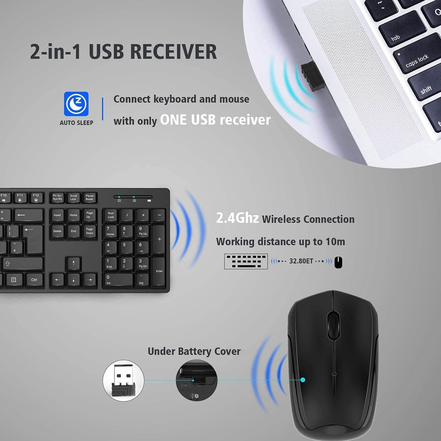 - Wireless Keyboard and Mouse Set, 2.4G Wireless Keyboard Mouse with USB Receive