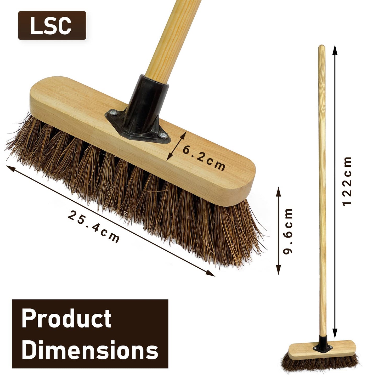 - LSC 10” Broom | Outdoor Yard Broom | Stiff Sweeping Brush | Wooden Handle -