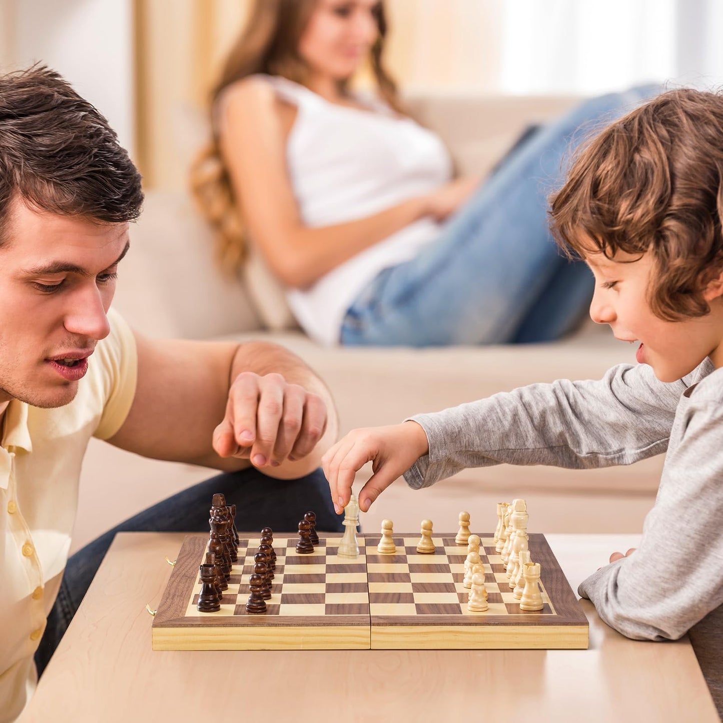 ASNEY Upgraded Magnetic Chess Set, 15” Tournament Staunton Wooden Chess Board Game Set with Crafted Chesspiece & Storage Slots for Kids Adult, Includes Extra Kings Queens & Carry Bag, 2 Players