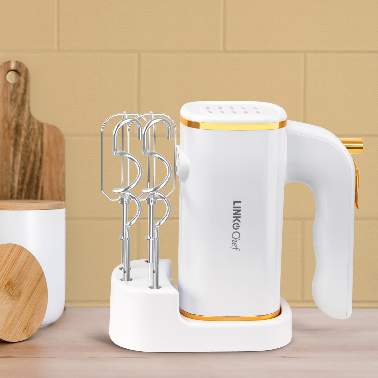 - LINKChef Anti-Splash Hand Mixer Electric Whisk with Storage Base | 5-Speed White Electric Hand Whisk for Baking | 450W -