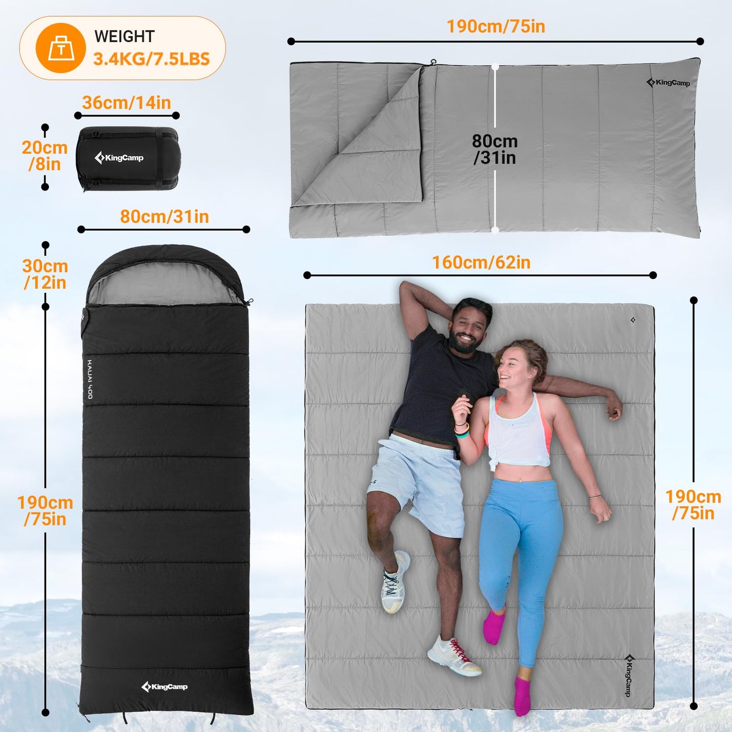 - KingCamp 4 Season Flannel Sleeping Bag For Adults | Warm & Cool Weather XL Wide -