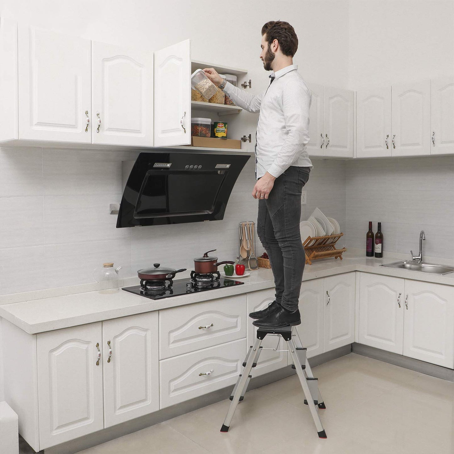 - SONGMICS Alu Step Ladder | Household Ladder | light weight 3 kg | Folding Multi-purpose Steps on Both Sides 2 x 3 Stages GLT23K -