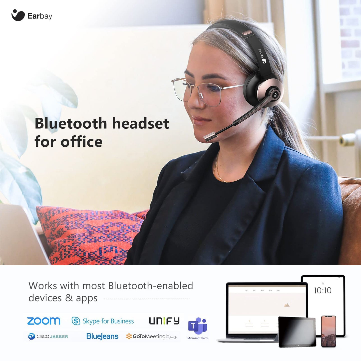 Bluetooth Headset, Wireless Headphones with Microphone Noise Cancelling, On Ear Headphones with Mic Mute, Handsfree PC Headsets for Zoom/Ms Teams/Skype 26H Playtime|Dual Connect|Laptop