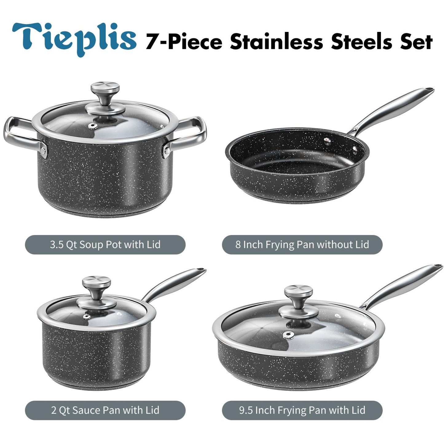 - Stainless Steel Pots and Pans Set | 7-Piece Nonstick Granite Induction Hob Pan Set | Frying Pans & Saucepans | Black -