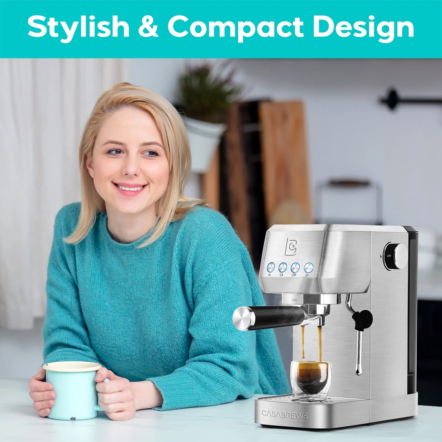 CASABREWS 20 Bar Coffee Machine, Professional Coffee Maker, Cappuccino and Latte Machine with Steam Milk Frother, Compact Espresso Machine with 1.3L Removable Water Tank, Stainless Steel