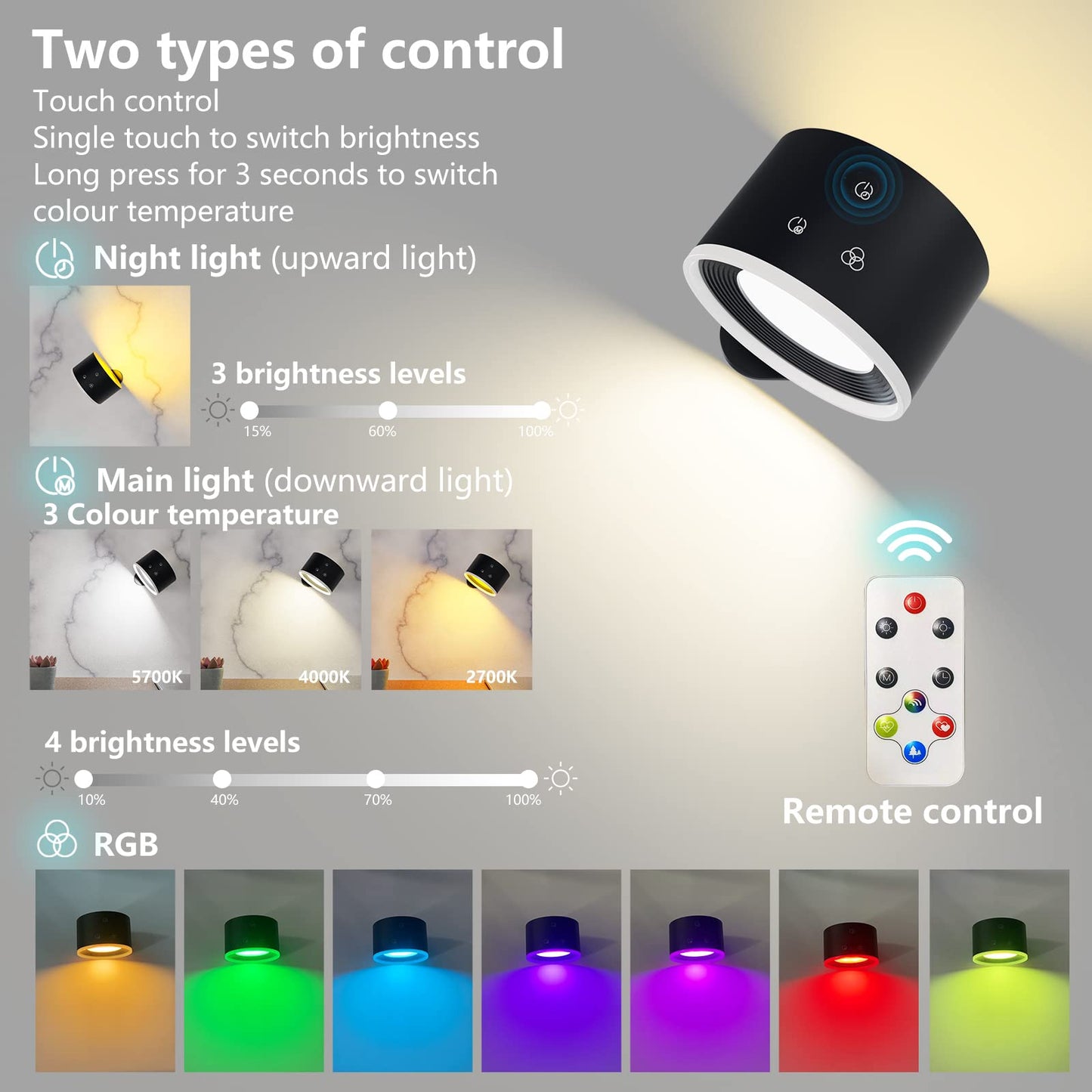 - Wall Light Indoor, Wall Lamp with Remote Control Dimmable RGB Ambient Lighting