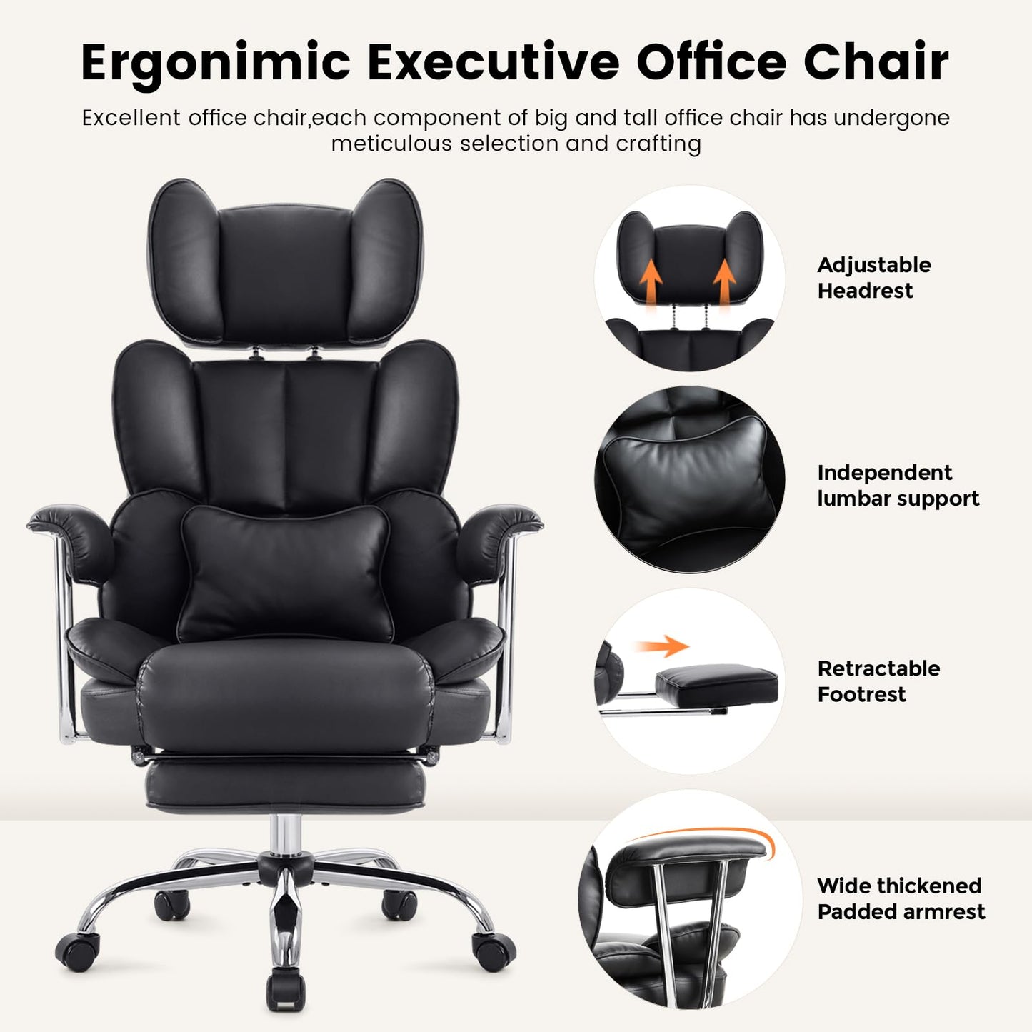 - IWMH Big and Tall Leather Office Chair 400LBS | High Back Reclining Desk Chair | Wide Seat & Footrest | Lifting Headrest Executive Office Chair -
