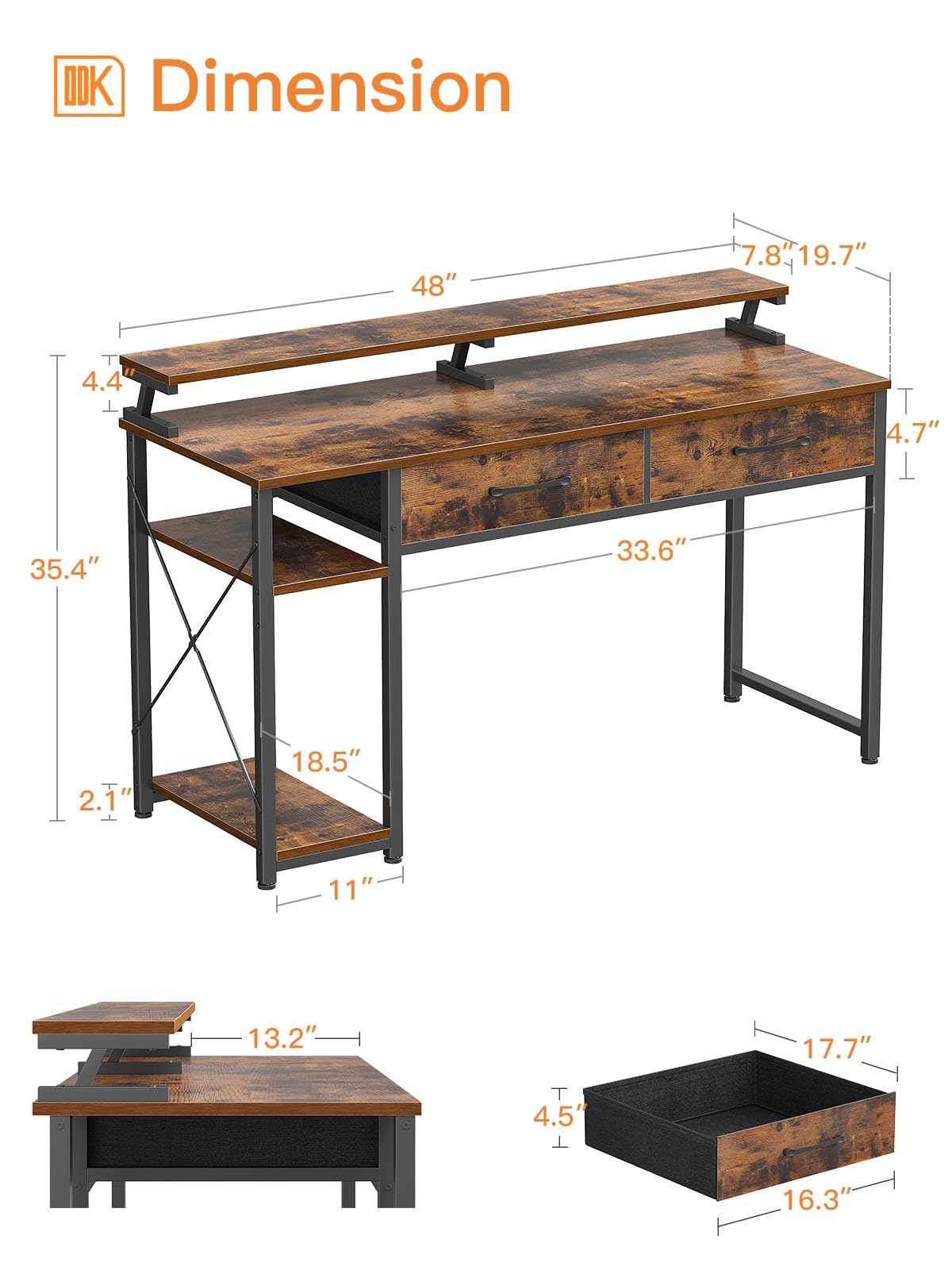 - ODK Computer Desk with Drawers | 48 Inch Office Desk | Storage & Shelves -