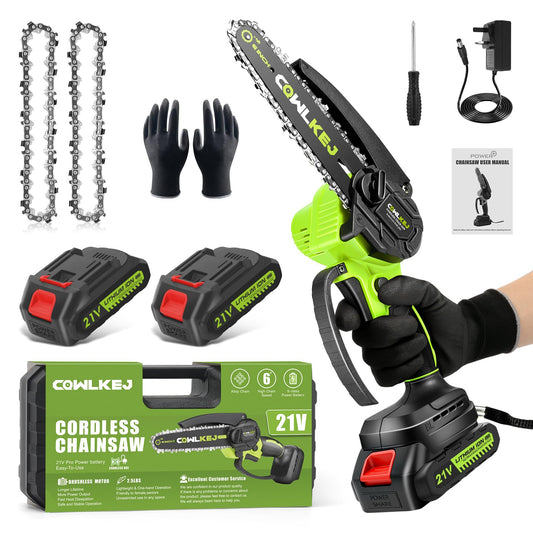 CQWLKEJ Mini Chainsaw Cordless, 6inch Electric Chainsaw Cordless with 2PCS Rechargeable Batteries, 2 Chains and Carrying Case, Portable Battery Chainsaw for Tree Branch Wood Cutting
