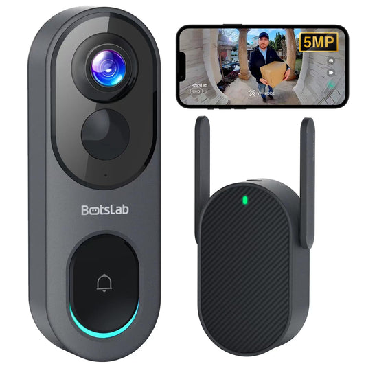 BOTSLAB 5MP Video Doorbell Camera Wireless, No Monthly Fee, 180° Wide Angle, 210-Day Battery Life, 32GB Local Storage, 2.4/5G WiFi, Human Detection, Easy Installation, 2-Way Audio Camera Doorbell