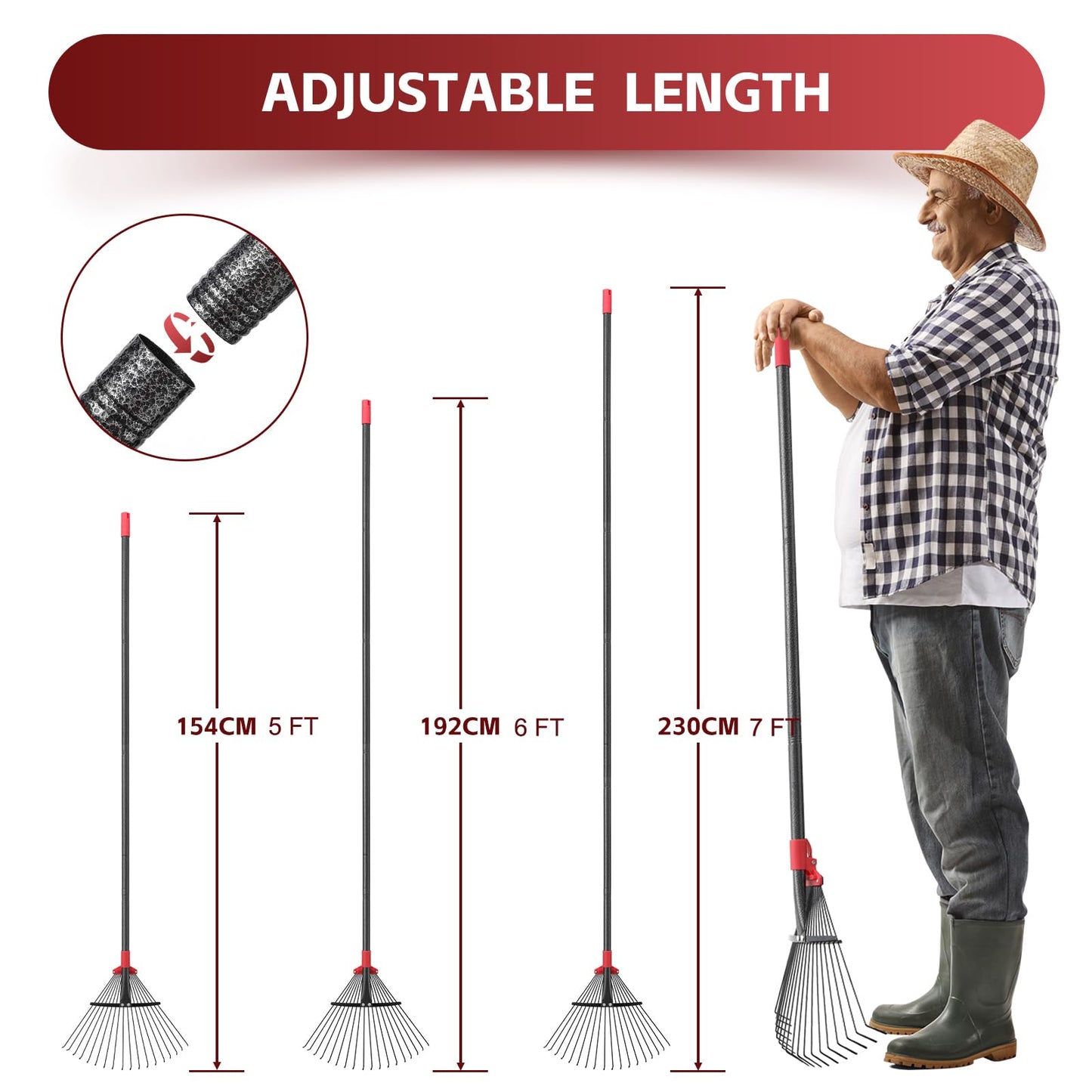- Garden Leaf Rakes for Lawns Heavy Duty | 23-41 cm Adjustable Rake Head | 82-154 cm Adjustable Long Handle | Metal Rake Tool for Gardening Camping Clear Collect Leaves Debris | 18 Anti-Rust Metal Tines -