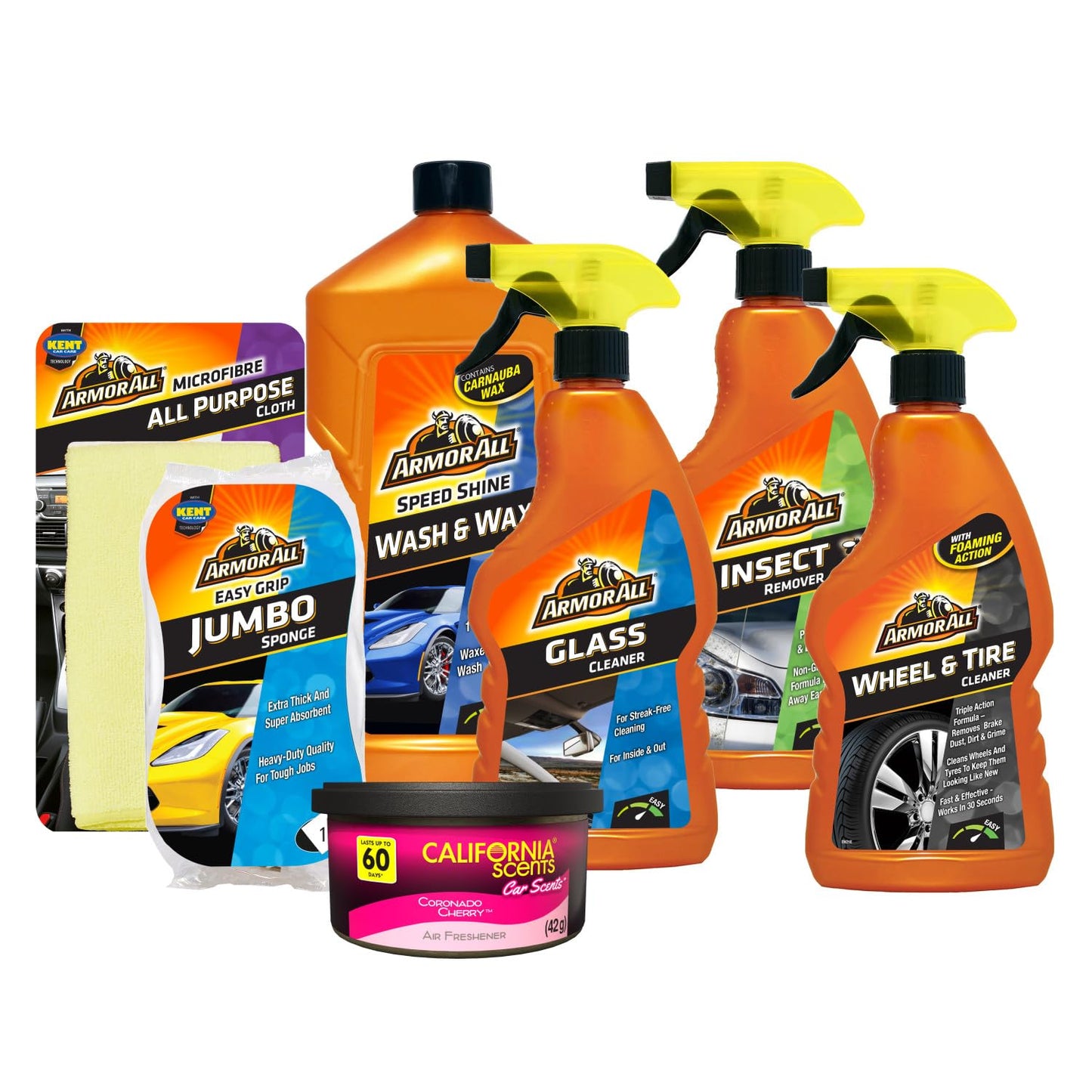 Armor All 7-Piece Car Cleaning Kit, Includes Glass Cleaner, Jumbo Sponge, Car Wash & Wax, California Scents Can Car Air Freshner, Wheel & Tyre Cleaner 500ml, Insect Remover and Microfibre Cloth