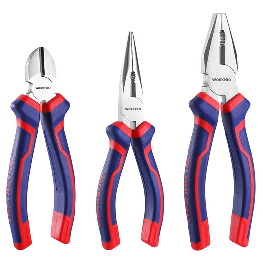 - WORKPRO 3-Piece Pliers Set, 160mm Long Nose Plier, 160mm Diagonal Cutting Plier, 180mm Combination Plier, with Soft Handles