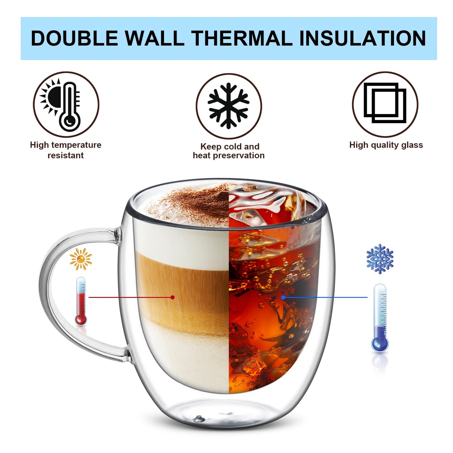 - Set of 4 Double Walled Glass Mug Set | Double Walled Insulated Drinking Glass | Coffee Mugs with Handle -