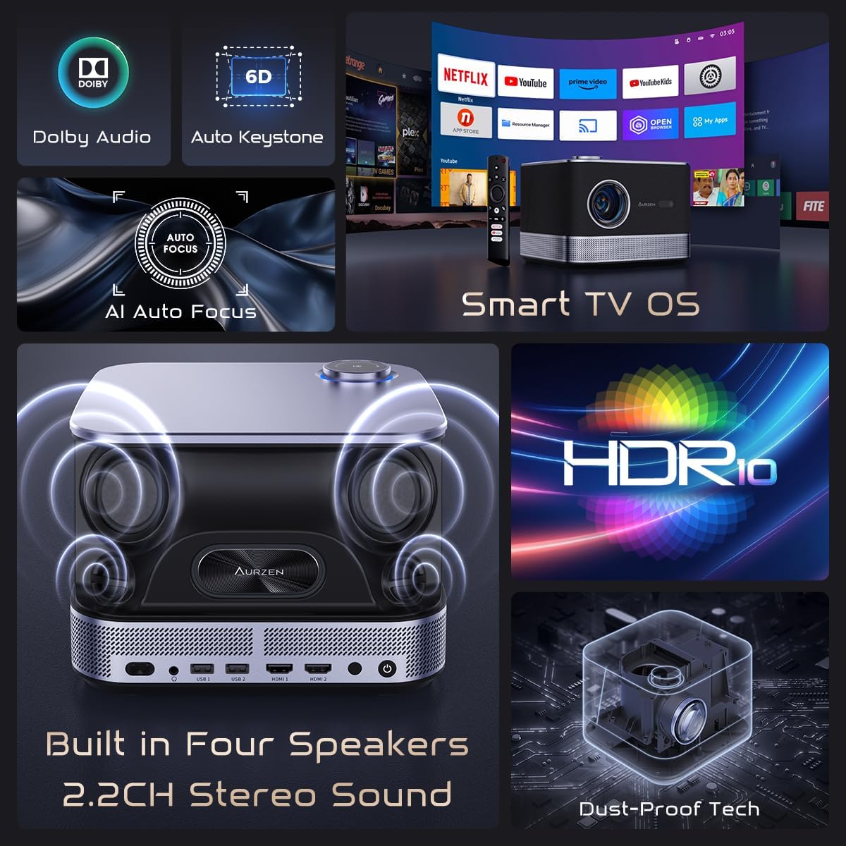 All-ln-One Projector 4K, AURZEN Boom 3 Smart Projector with WiFi and Bluetooth, 3D DoIby Audio & 36W Speakers, AI Auto Focus & Keystone, Netflix Official 4K Supported Home & Outdoor Projector