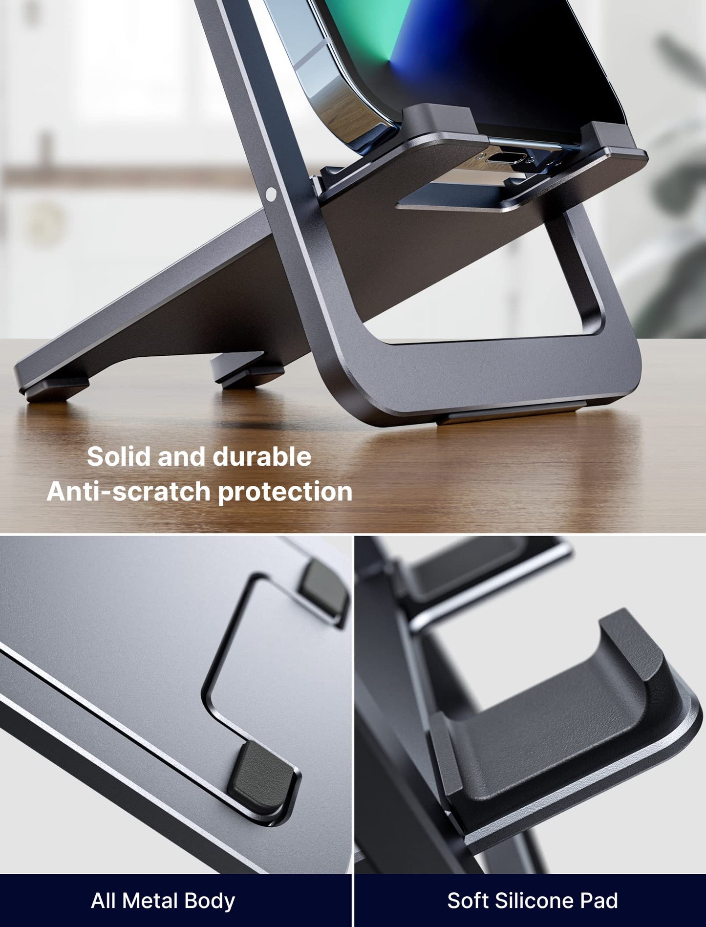 Cell Phone Stand, JSAUX Foldable Aluminum Adjustable Phone Holder for Desk Portable Travel Holder Office Desk Accessories Compatible for iPhone 15 14 13 12 11 Pro Max X Samsung S22 S21 A53 Switch Grey