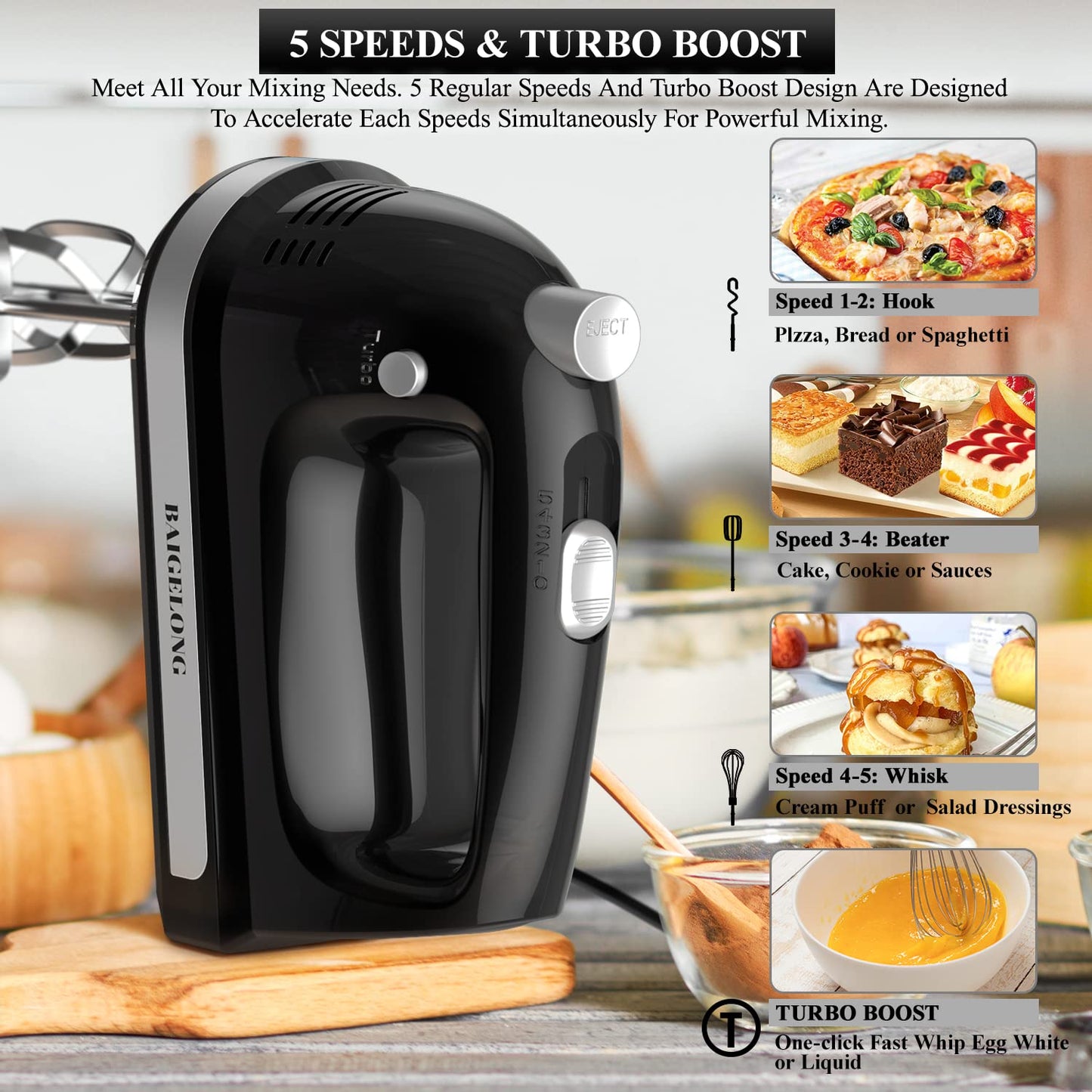 BAIGELONG Hand Electric Mixer, 300W Ultra Power Food Kitchen Mixer with 5 Self-Control Speeds + Turbo Boost, 5 Stainless Steel Attachments Handheld Mixer for Baking, BLACK