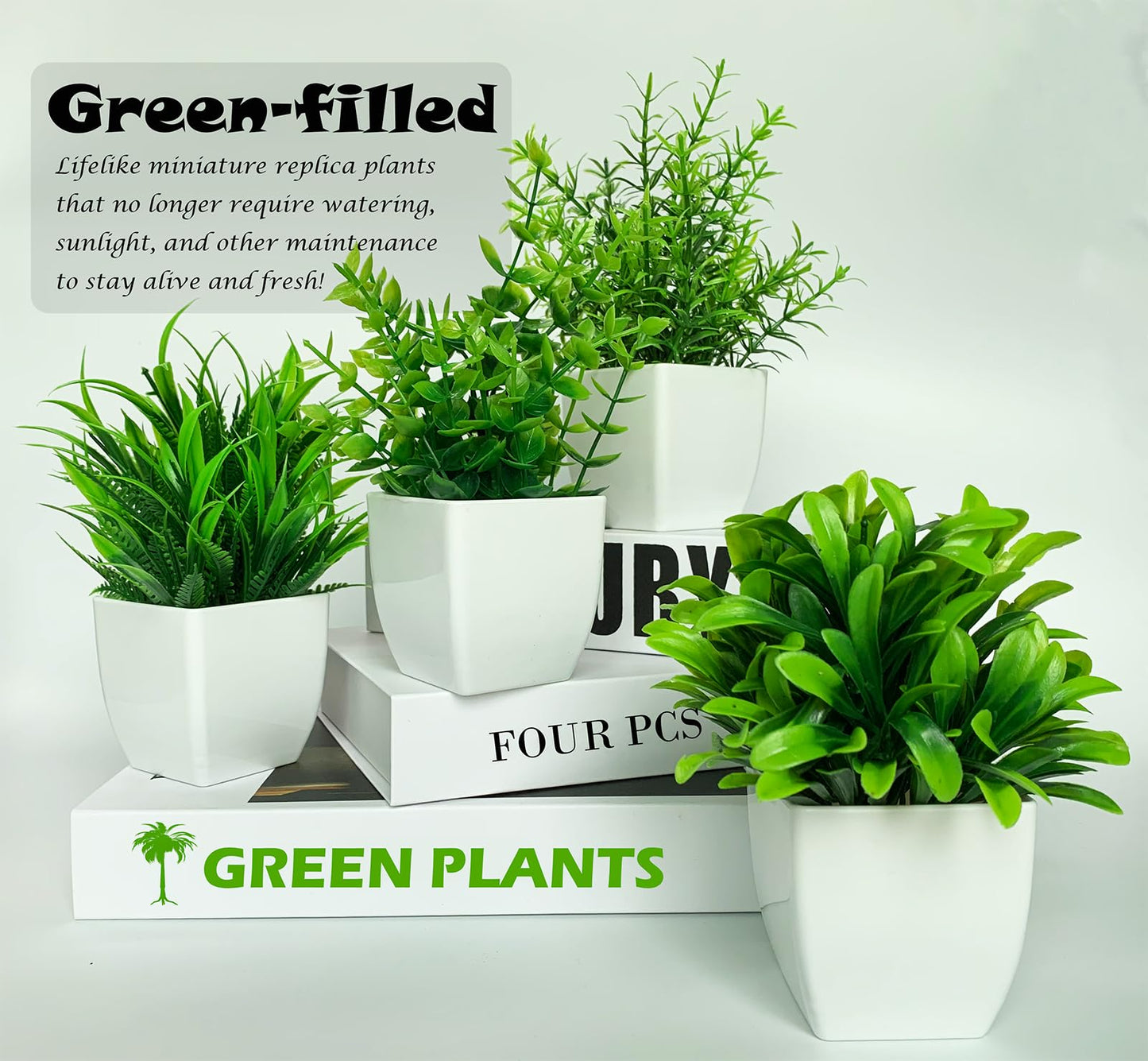 Canirologas Artificial Plants Indoor,Small Fake Simulation Plants,Faux Plastic Potted Plants,Creative Decorative Ornaments For Decoration、Bookcase、Balcony、Office、Bathroom(4PCS White)