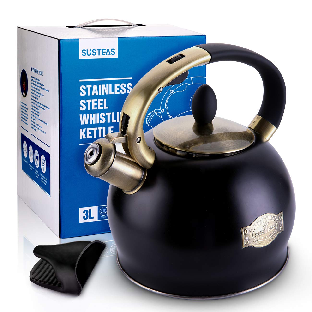 - SUSTEAS Stove Top Whistling Tea Kettle | Surgical Stainless Steel Teakettle Teapot | 3L | Black -