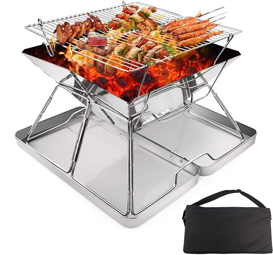 - KAHEIGN Stainless Steel Fire Pit | Foldable BBQ Grill Rack | Portable Campfire Pit -