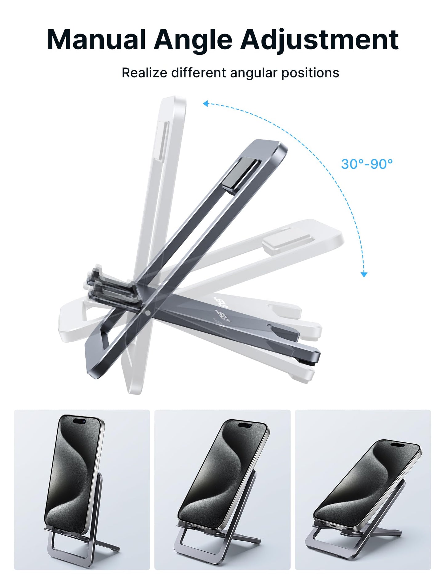 Cell Phone Stand, JSAUX Foldable Aluminum Adjustable Phone Holder for Desk Portable Travel Holder Office Desk Accessories Compatible for iPhone 15 14 13 12 11 Pro Max X Samsung S22 S21 A53 Switch Grey