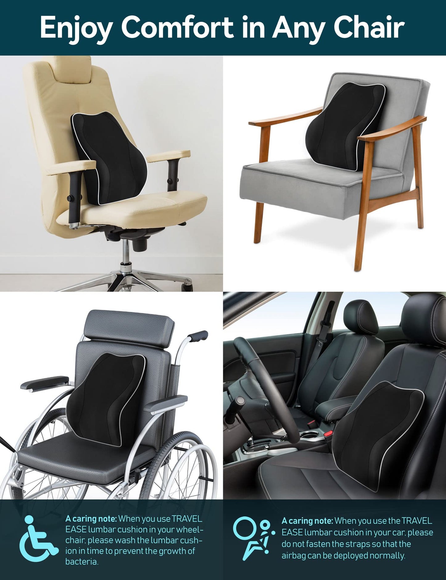 - Travel Ease Ergonomic Lumbar Support Cushion | Memory Foam Back Support Cushion -