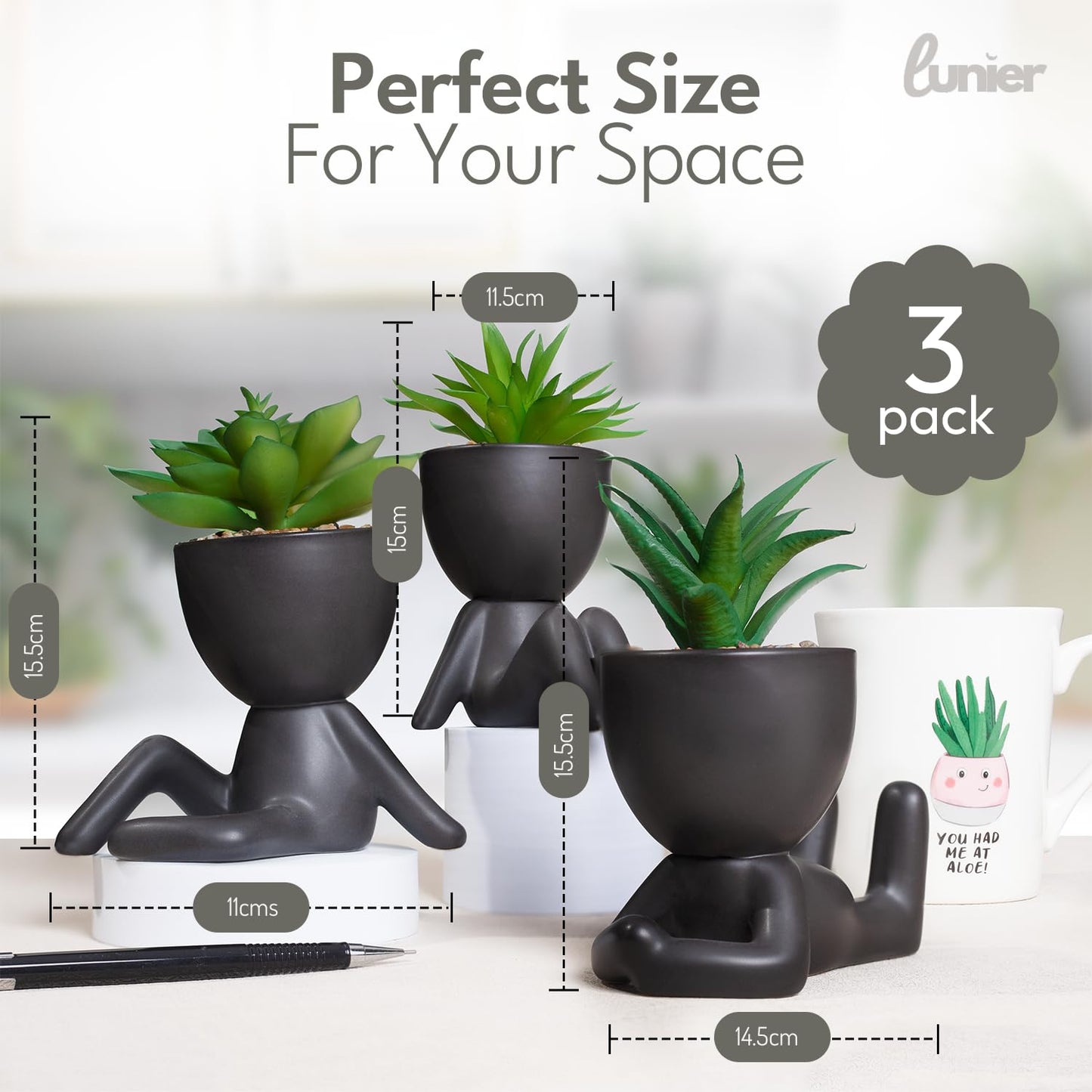 - LUNIER Seated Succulent Set (Set of 3) | Ceramic Human-Shaped Plant Pots With Artificial Succulent Plants –