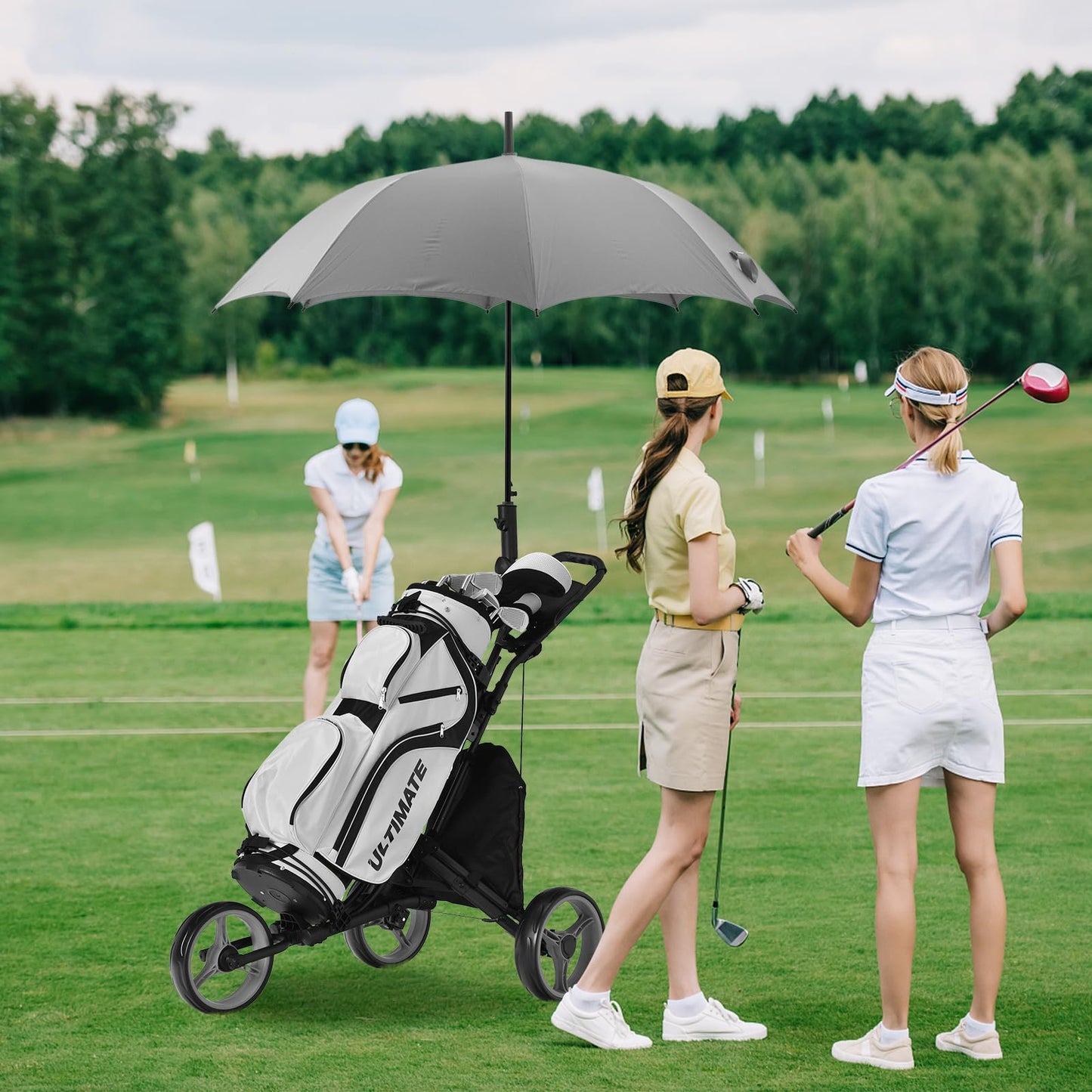 COSTWAY 3 Wheel Golf Push Pull Cart, Lightweight Foldable Golf Trolley with Adjustable Height Handle, Umbrella Stand, Insulation Storage Bag, Cup Holder and Foot Brake (Gray)