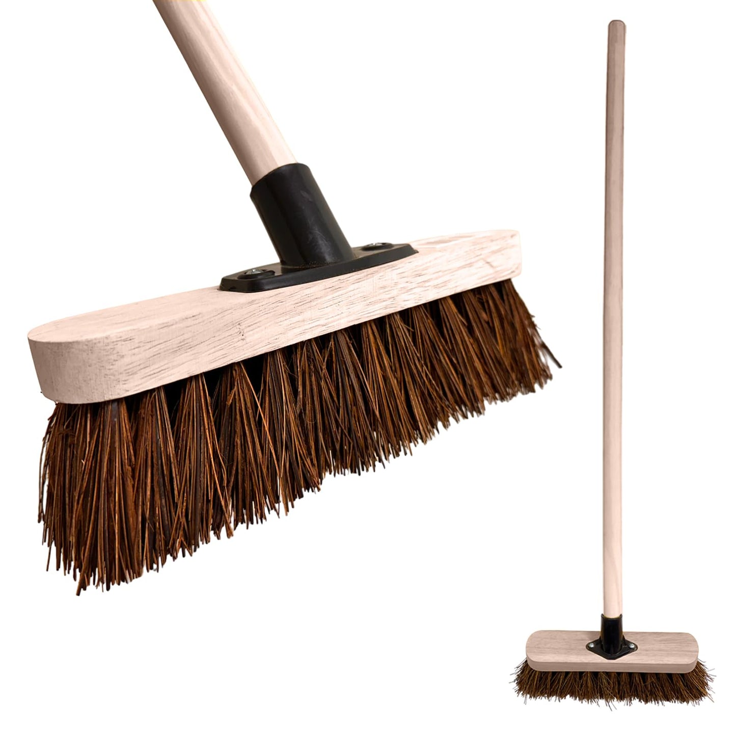 10” Garden Broom Outdoor with Wooden Handle Natural Stiff Bassine Hard Bristle Broom with Durable Support Bracket Yard Brush Heavy Duty Broom Outdoor Stiff Sweeping Yard Brush (Pack of 1)