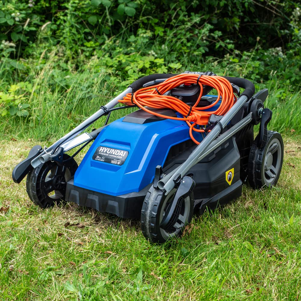 - Hyundai HYM3800E 1600W 230V Corded Electric Rotary Lawnmower with Rear Roller | 38cm Cutting Width | Mulching |30L Grass Box | 5 Cutting Heights | 10M Power Cable -