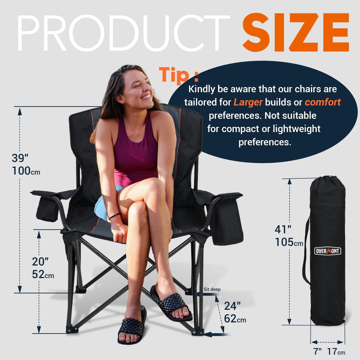 - OVERMONT Oversized Camping Folding Chair | Side Pocket & Carry Bag -
