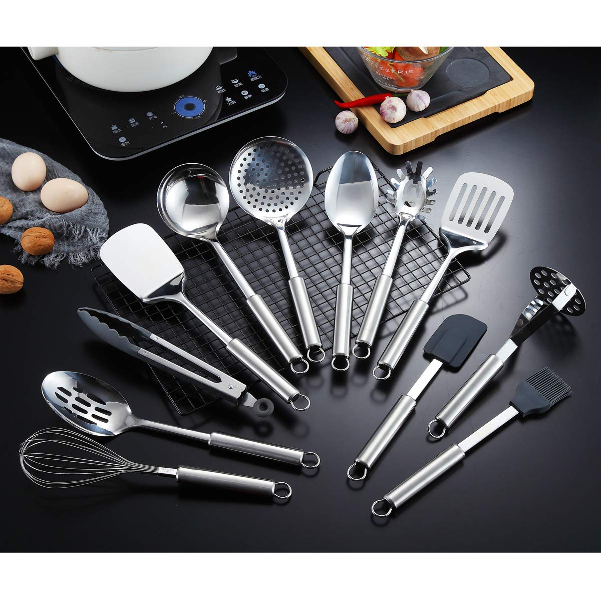Berglander Stainless Steel Kitchen Utensil 12 Piece with 1 Stand, Cooking Spoon, Kitchen Tools Cooking Utensil with Holder. (13 Pieces)
