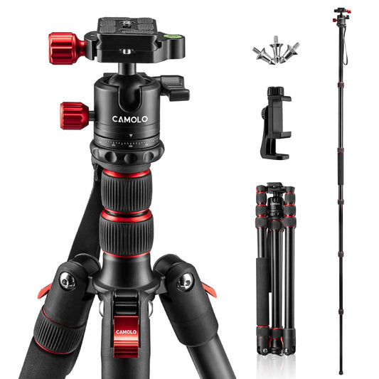 CAMOLO 75" Camera Tripod DSLR Tripod for Travel Aluminum Camera Tripod Monopod 360° Panorama Ball Head with Quick Release Plate Professional Tripod with Carry Bag Phone Mount w Cold Shoe 33 lbs Load