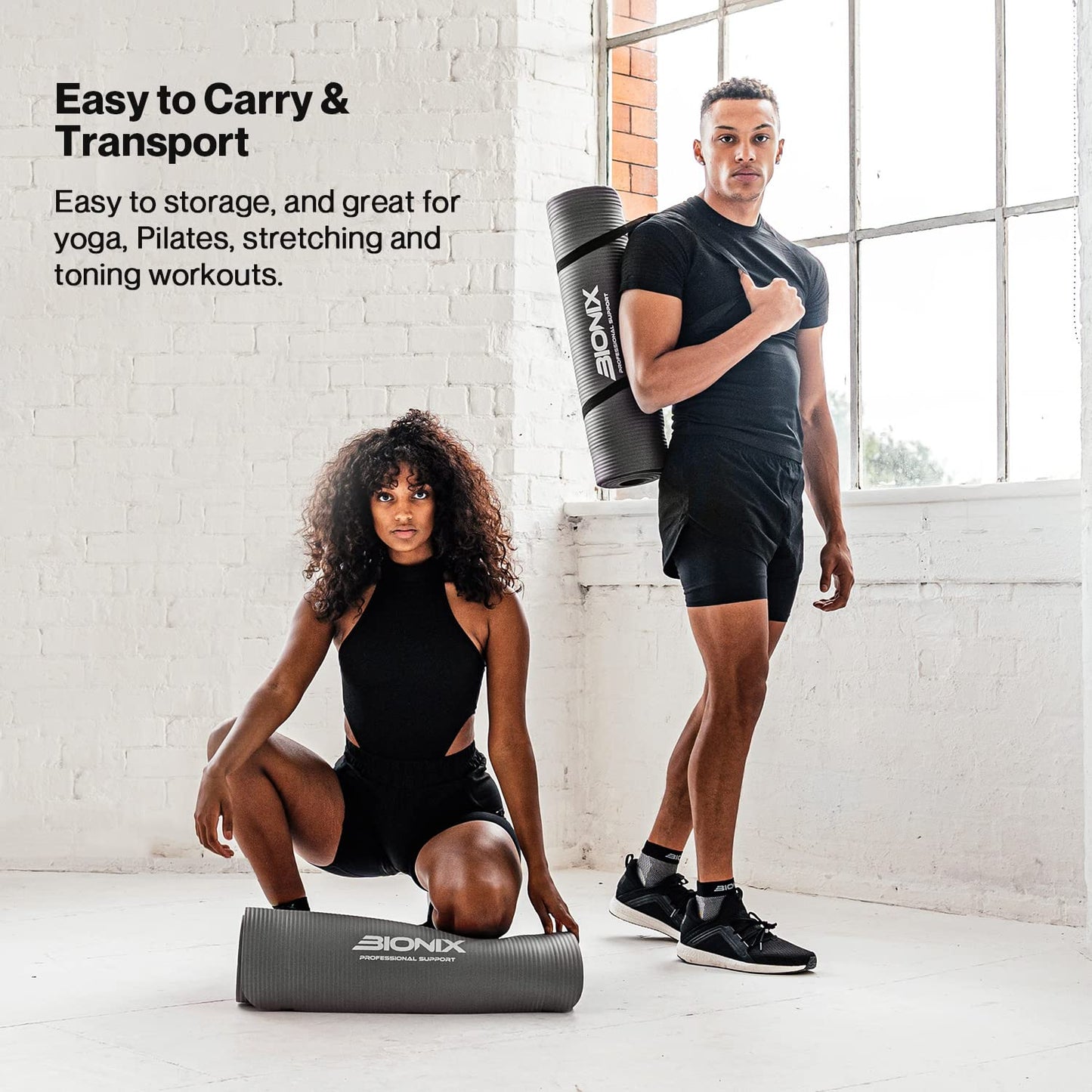 Bionix Exercise Mat with Carry Handle Strap- Extra Thick NBR Yoga Mats for Men and Women- 180cm x 60cm Durable, Non Slip Mat - Gym Mats for Home, Camping, Pilates and Workout