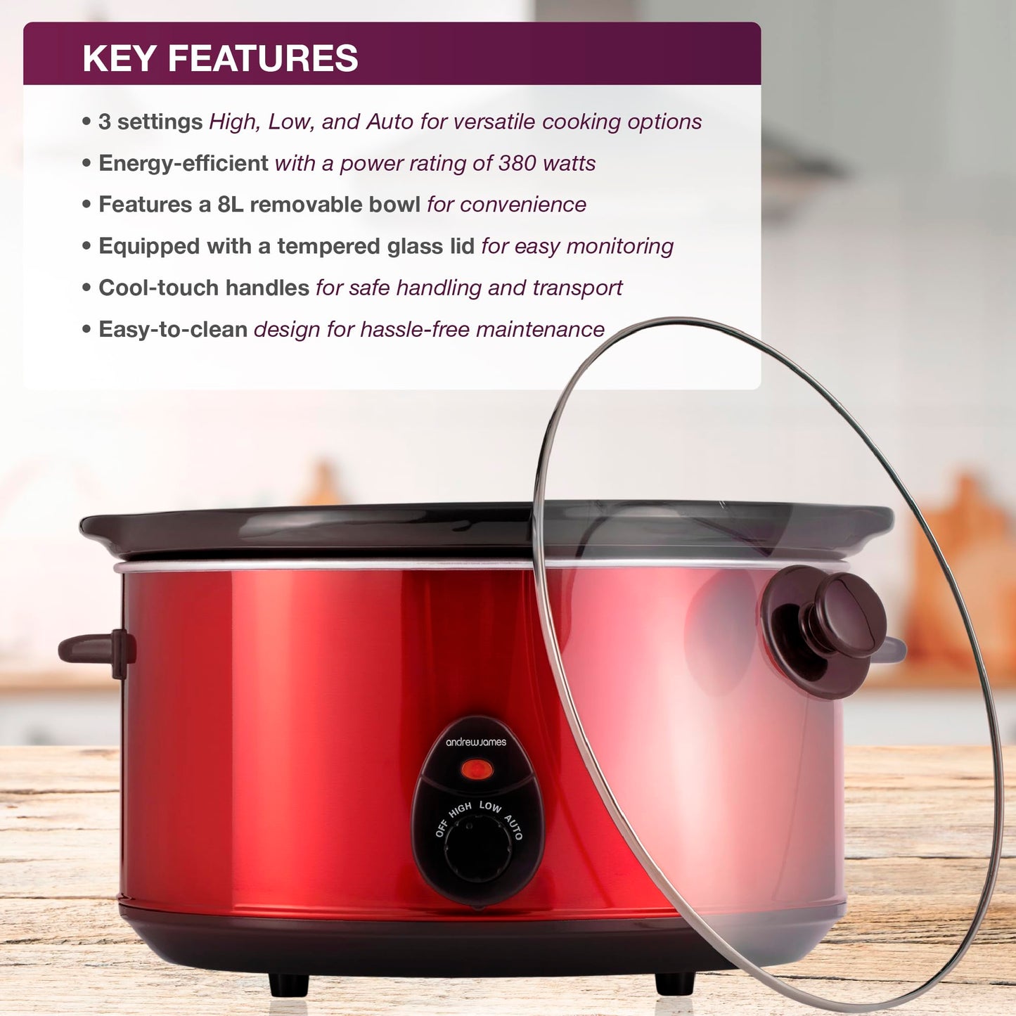 Andrew James Slow Cooker, Removeable Easy Clean Ceramic Bowl, 3 Temperature Settings, Energy Efficient, Tempered Glass Lid, Cool Touch Handles & Non-Slip Feet (Red, 8L)