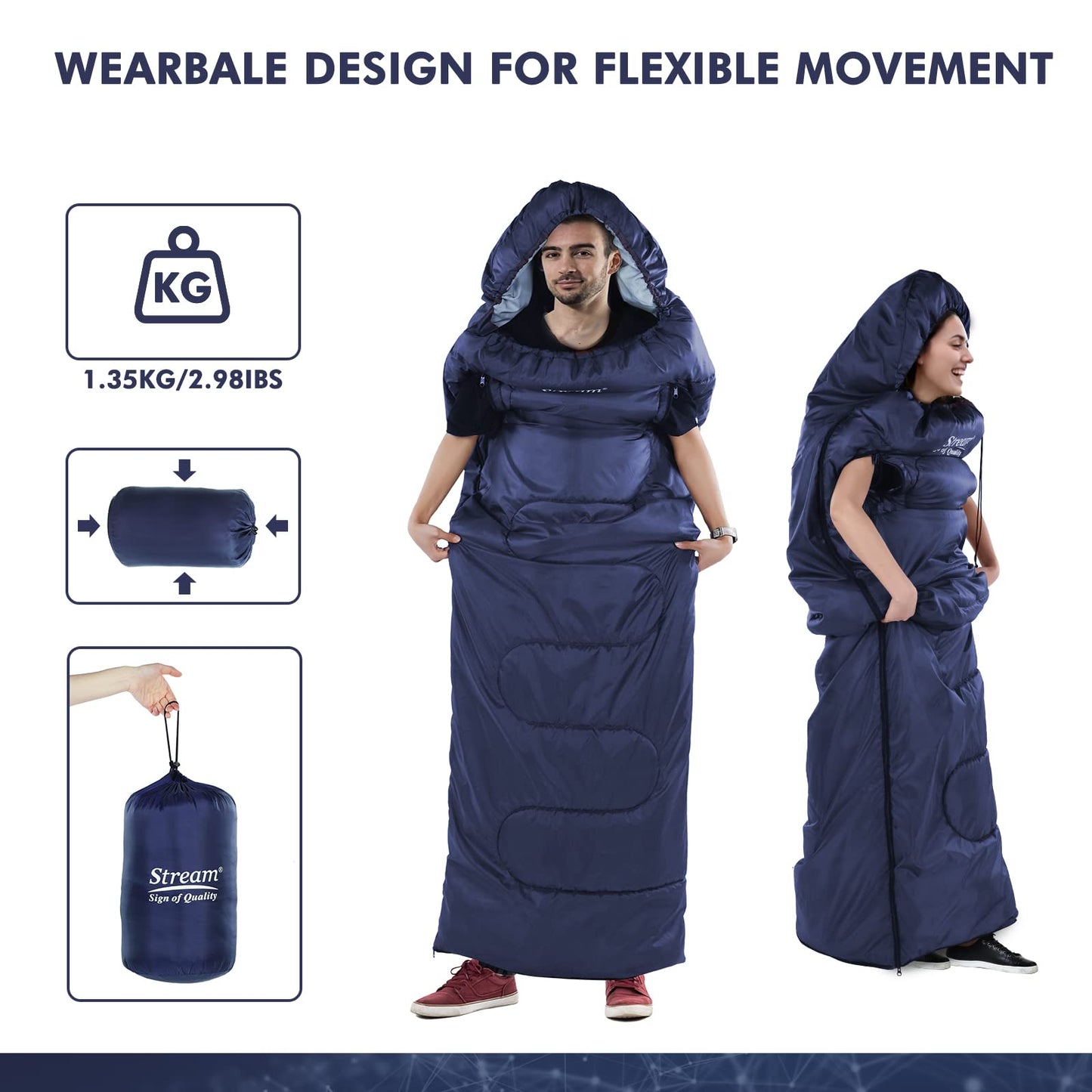 Camping Sleeping Bag - 3 Season Warm & Cool Weather - Lightweight Waterproof Sleeping Bag with Zippered Holes for Adults & Kids - Camping,Traveling, Music Festival and Outdoors (blue)