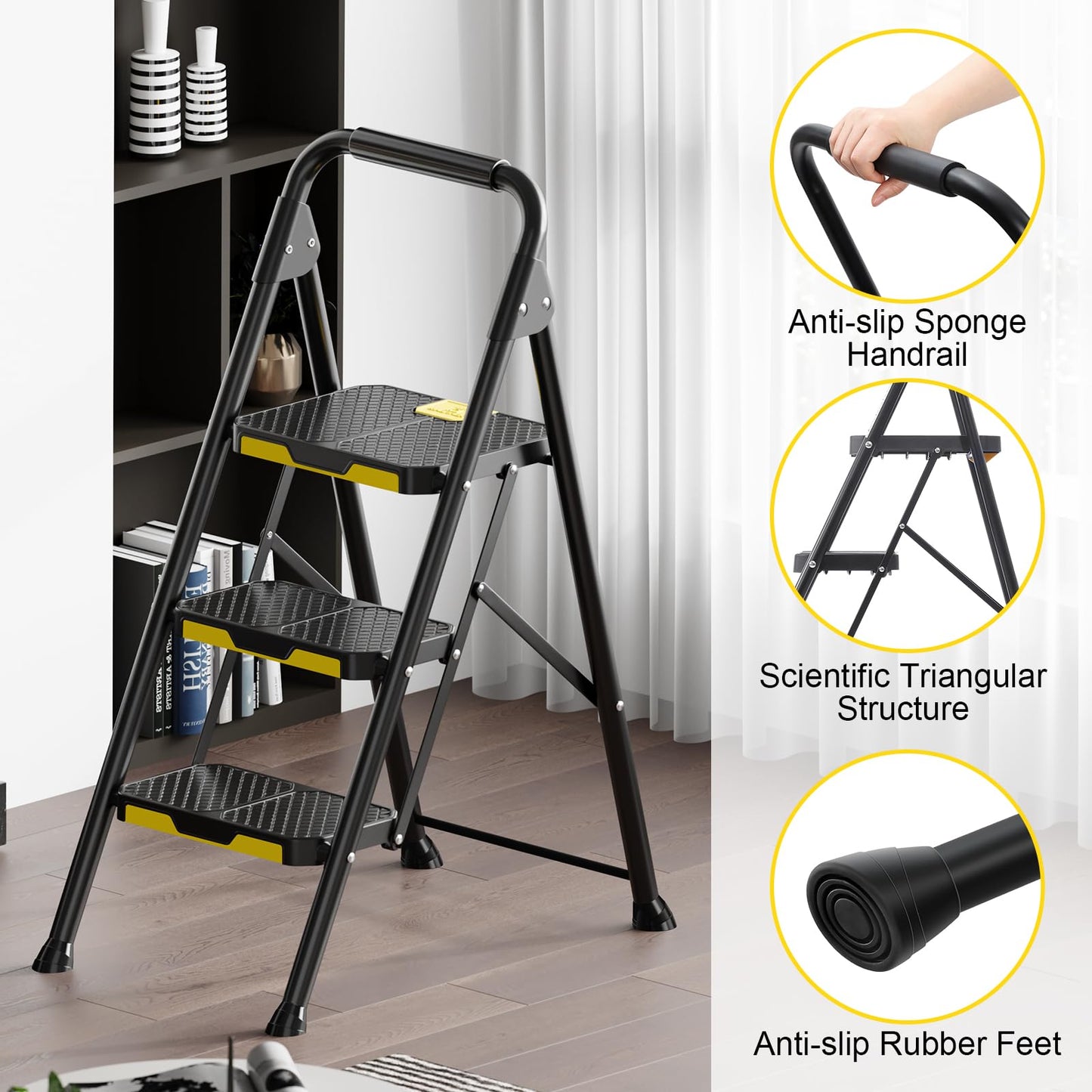 - KINGRACK 3 Step Ladder | 3 Step Folding With Anti-Slip Wide Pedal and Handrails -