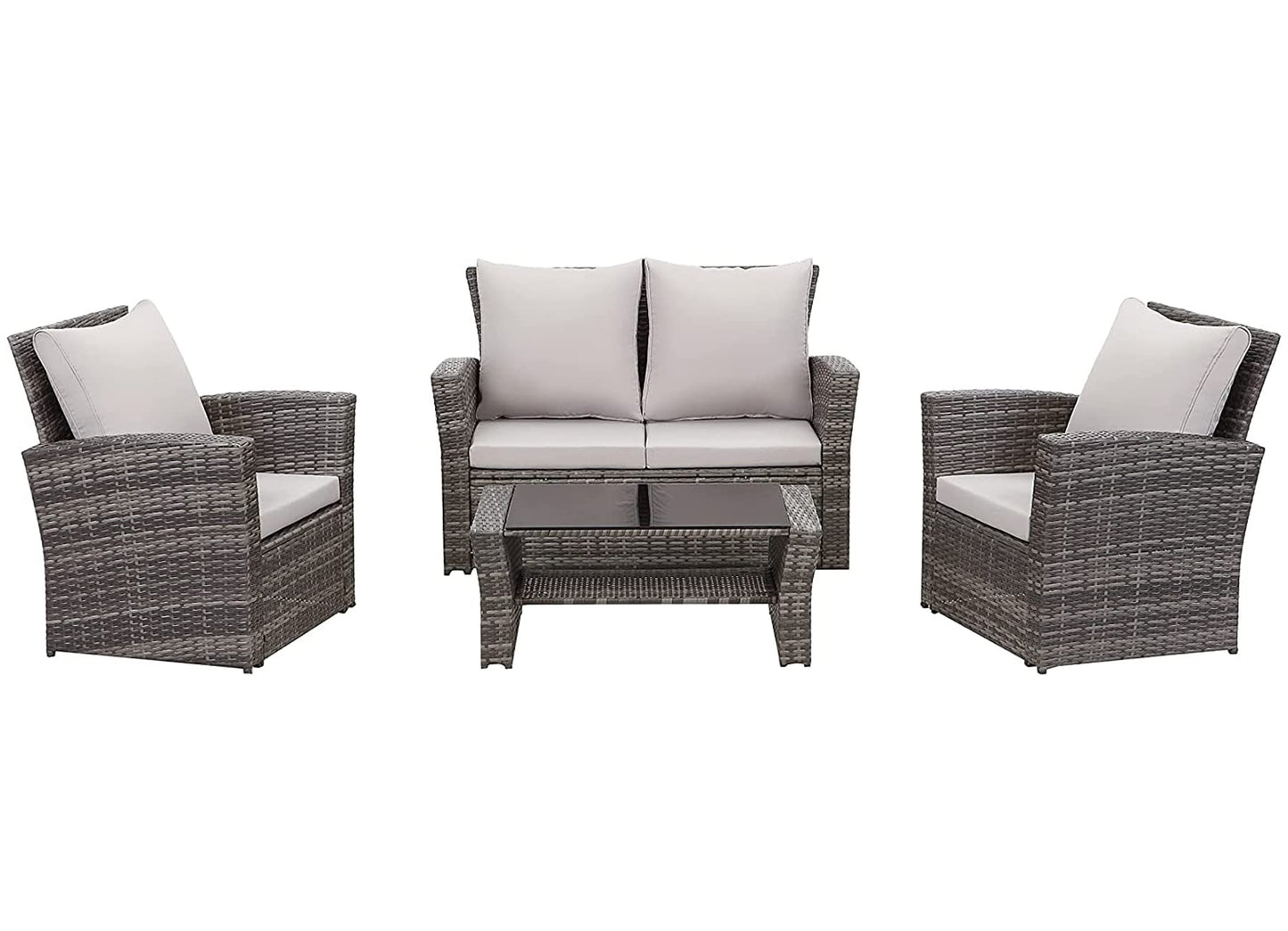 - Mixed Grey Outdoor Rattan Garden Furniture Set | Grey Cushions Luxury 4 Seater Sofa with Chairs and Coffee Table -