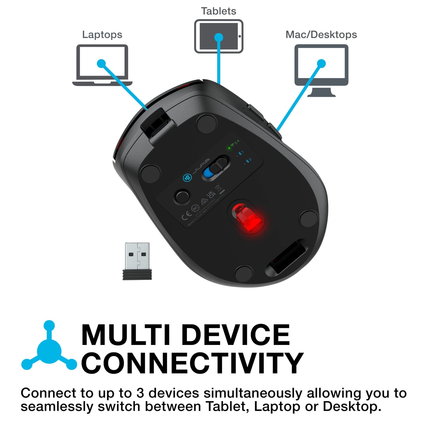 - JLab Go Charge Bluetooth Mouse, Rechargeable Wireless Mouse | Tri-Mode (BT 5.0/5.0/2.4Ghz) with USB-Dongle | Ergonomic | Multi Device Silent Mouse -